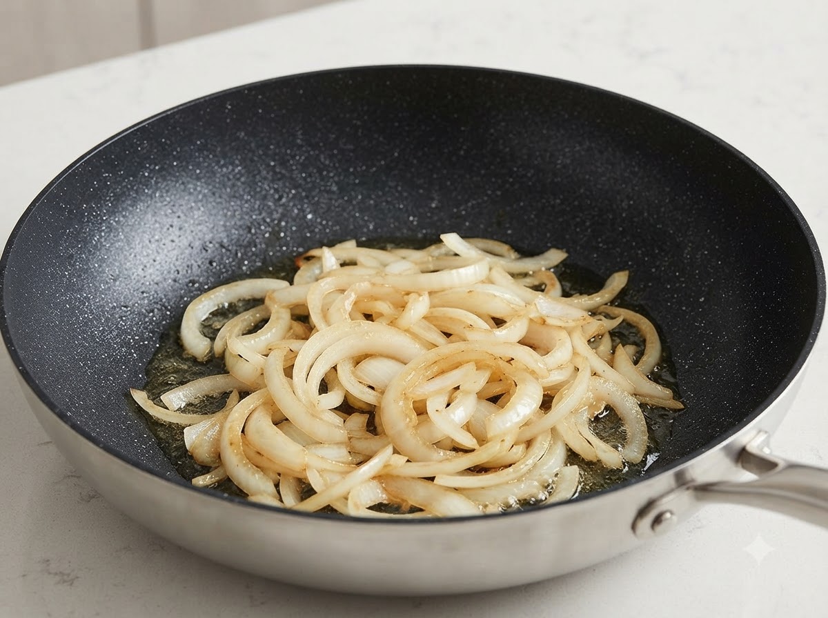 Tiras de cebolla cocinándose y ablandándose en una sartén con aceite.