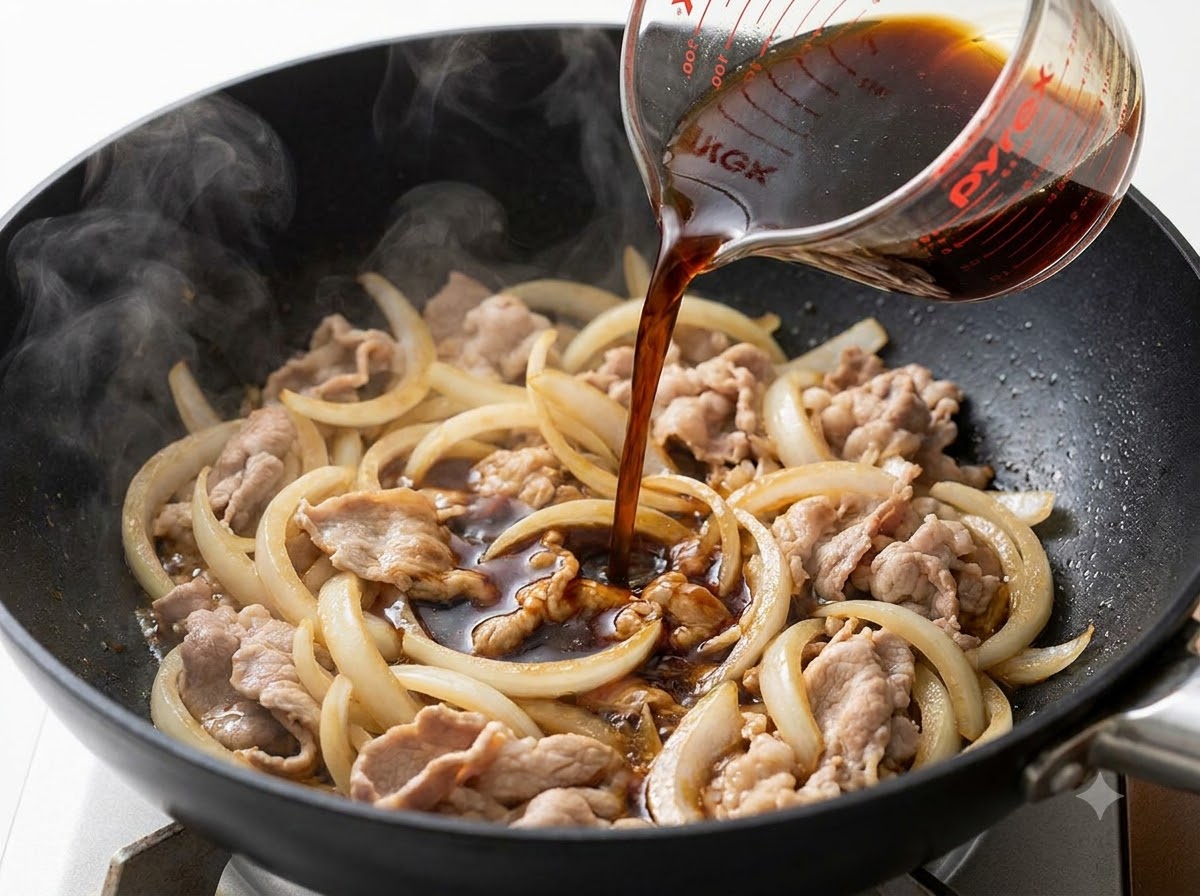 Salsa teriyaki vertiéndose desde una taza medidora a una sartén llena de ternera y cebolla.