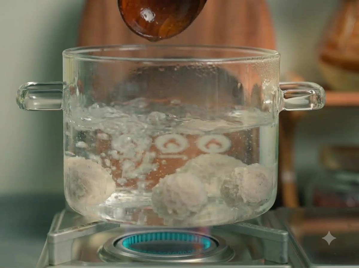 Albóndigas de cerdo cociéndose en una olla de cristal transparente sobre un fogón.