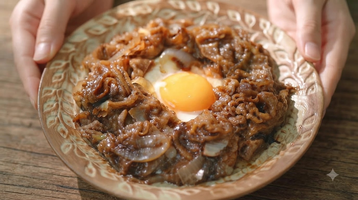 Toma cenital de cerca de un bol de arroz con ternera teriyaki decorado con una yema de huevo cruda.