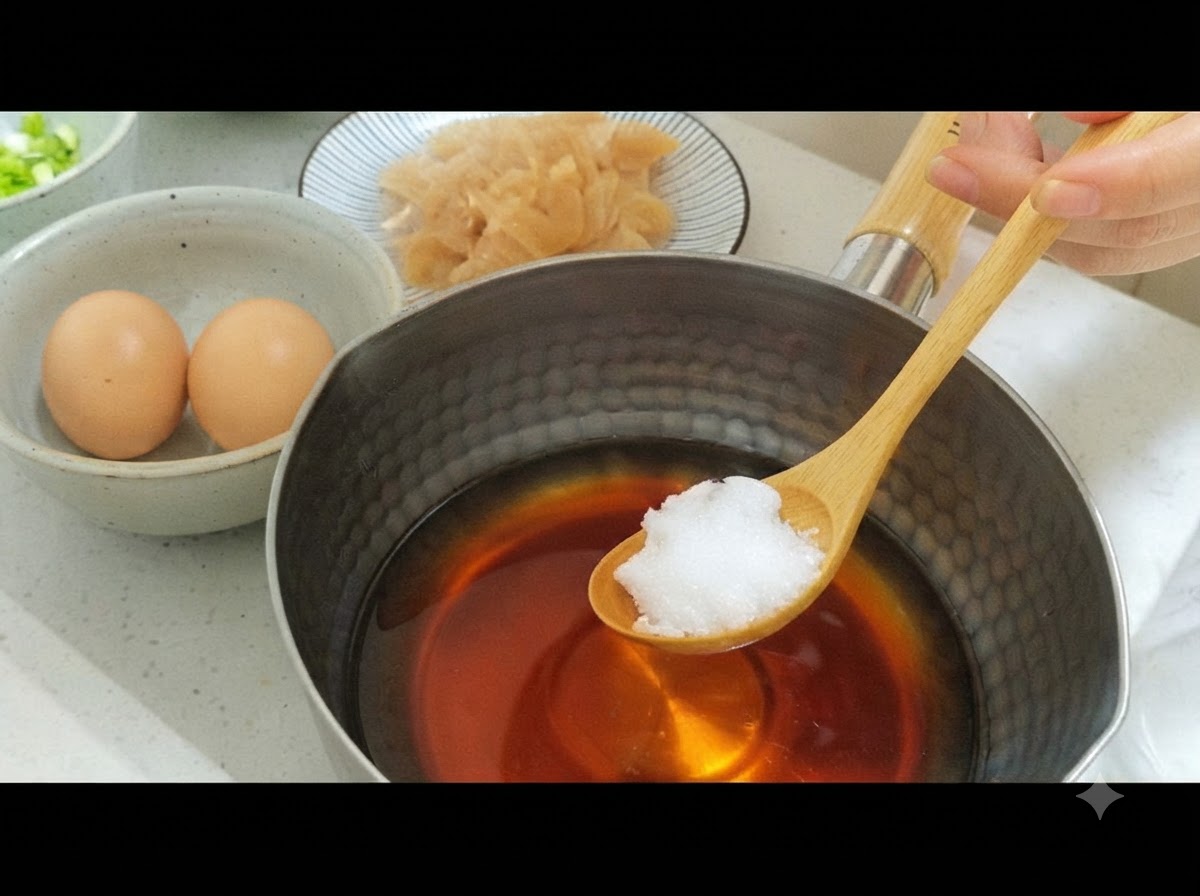 Una cuchara de madera cargada con azúcar blanco sostenida sobre una mezcla de caldo sazonado en una olla.