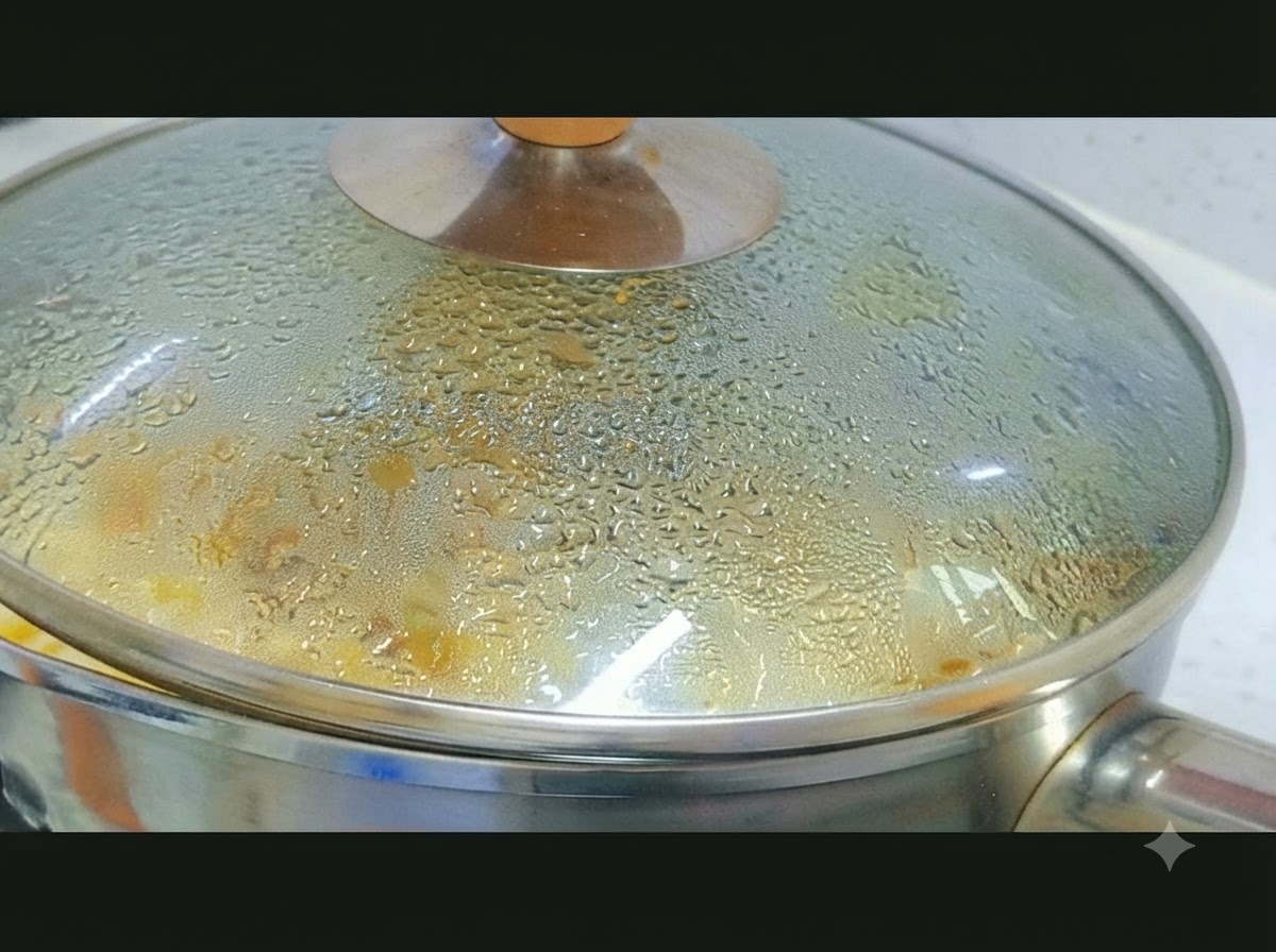 Una tapa de vidrio con condensación siendo colocada sobre una olla de cocción.