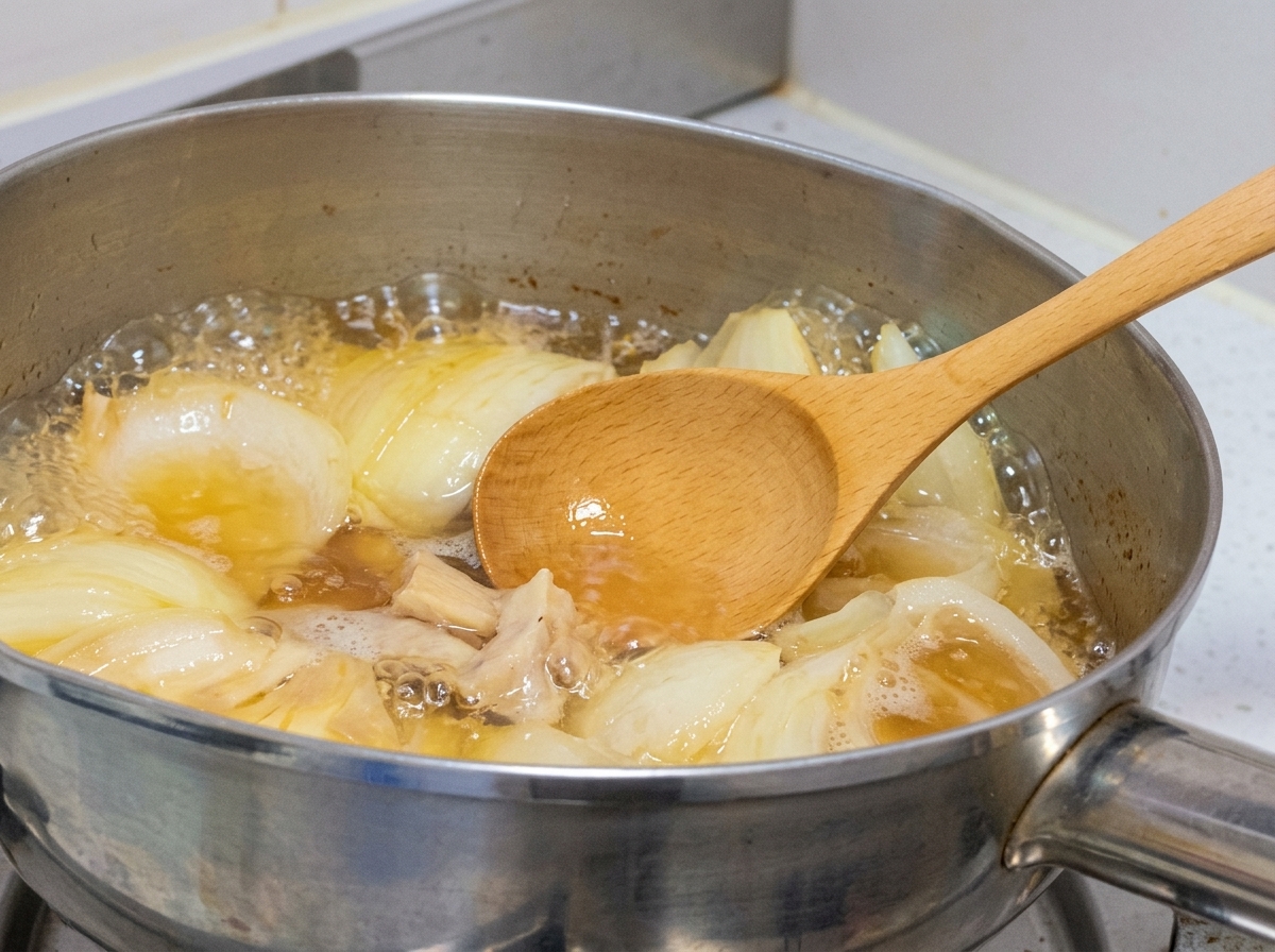 Una cuchara de madera retirando la espuma de una olla burbujeante de caldo con pollo y cebollas.