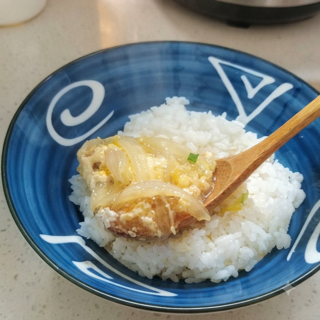 La mezcla cocida de pollo, huevo y cebolla siendo servida sobre un tazón de arroz blanco.