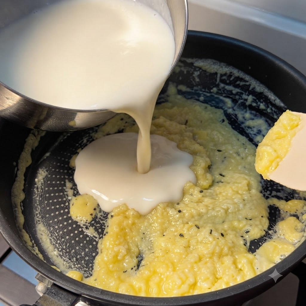 Leche tibia vertiéndose desde un recipiente de acero en una sartén que contiene una mezcla amarillenta de roux.