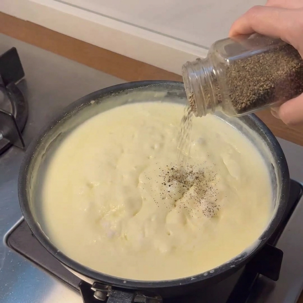 Pimienta negra espolvoreándose desde un frasco de vidrio sobre una salsa blanca cremosa cocinándose en una sartén.