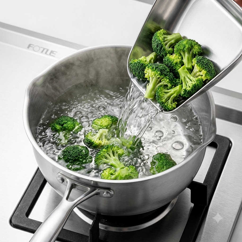 Floretes de brócoli vertiéndose desde una espumadera de acero en una olla con agua hirviendo.