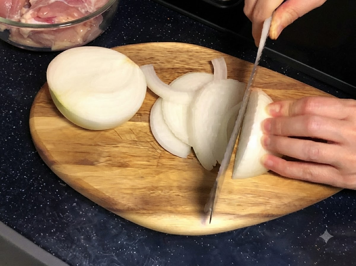 Una mano cortando una cebolla blanca en tiras finas sobre una tabla de cortar de madera usando un cuchillo.