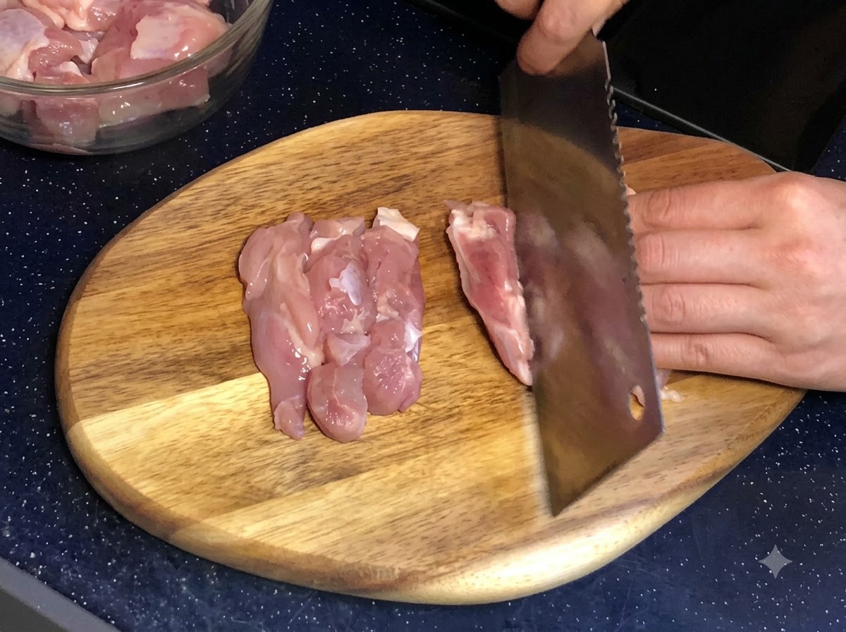 Manos usando un cuchillo para cortar carne de muslo de pollo crudo en trozos sobre una tabla de cortar de madera.