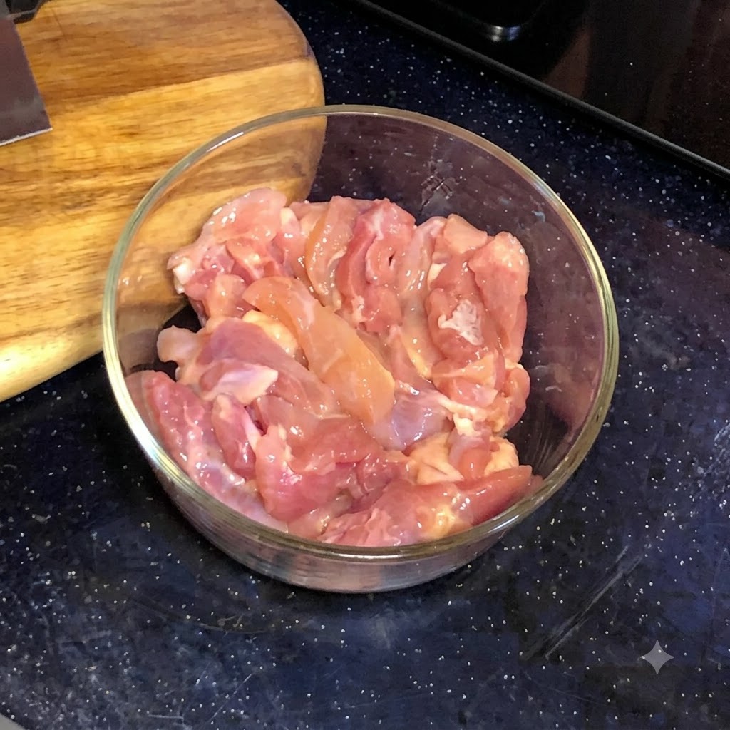Trozos pequeños de carne de muslo de pollo crudo en un tazón redondo de vidrio.