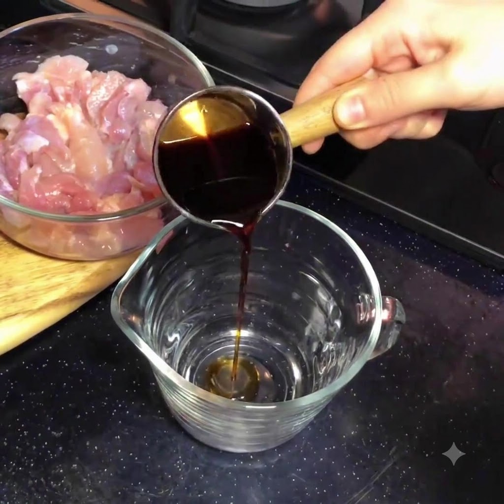 Salsa sukiyaki oscura siendo vertida desde una pequeña taza medidora de metal en una jarra de vidrio transparente más grande.