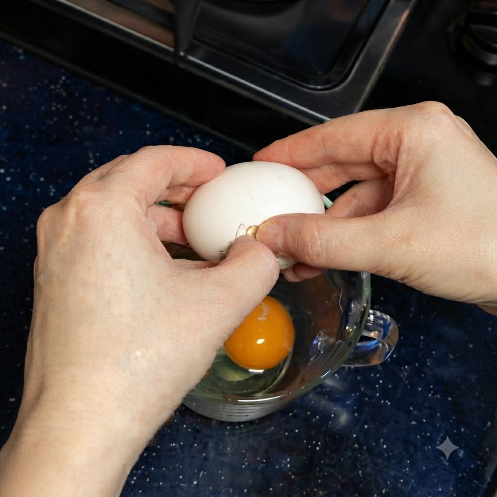Manos rompiendo la cáscara de un huevo blanco en una taza medidora de vidrio que ya contiene una yema y clara de huevo crudas.