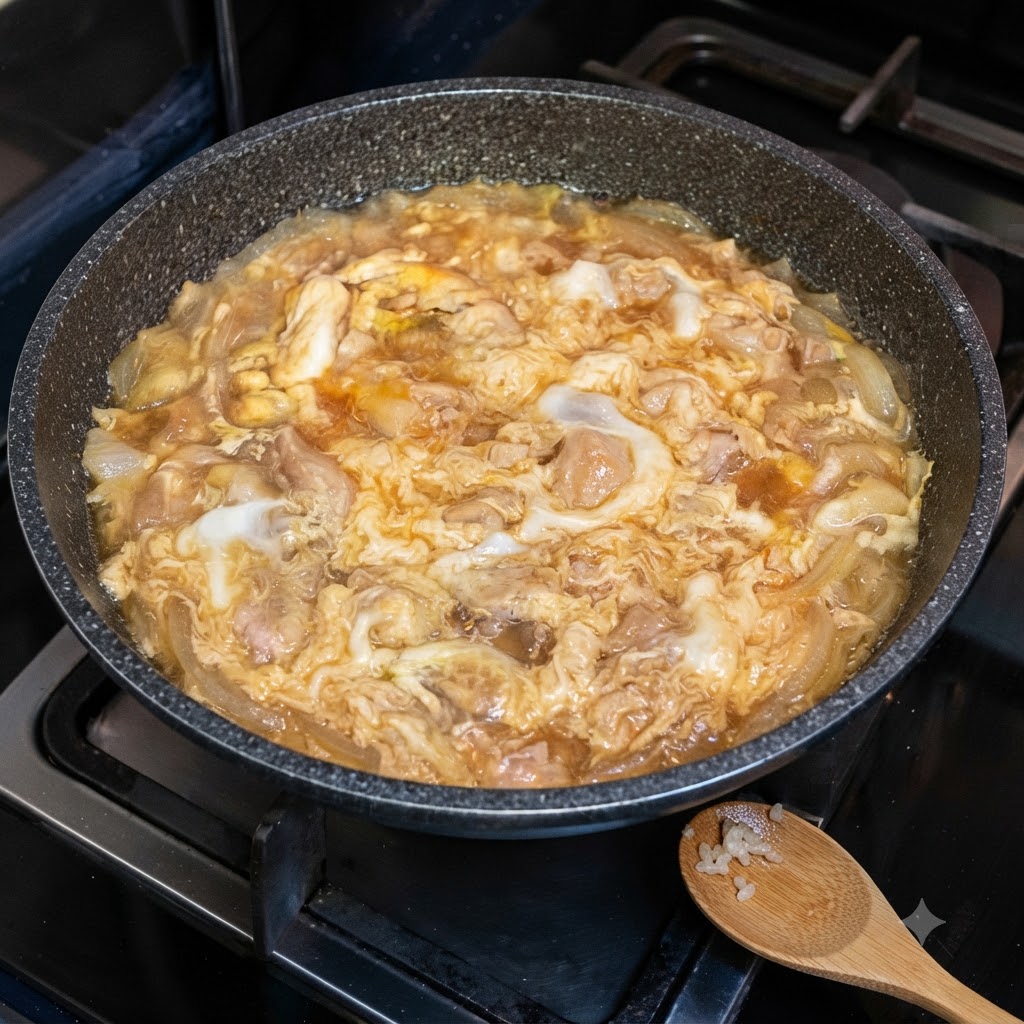 Mezcla de pollo y cebolla cocinándose a fuego lento en una sartén, cubierta con huevos batidos parcialmente cuajados.