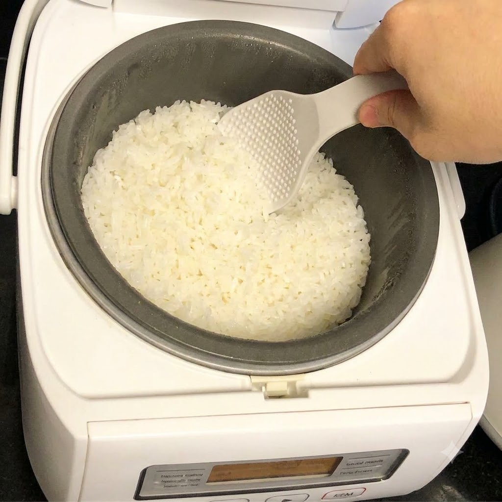 Una mano usando una paleta de arroz blanca para sacar arroz blanco del recipiente interior de una arrocera.