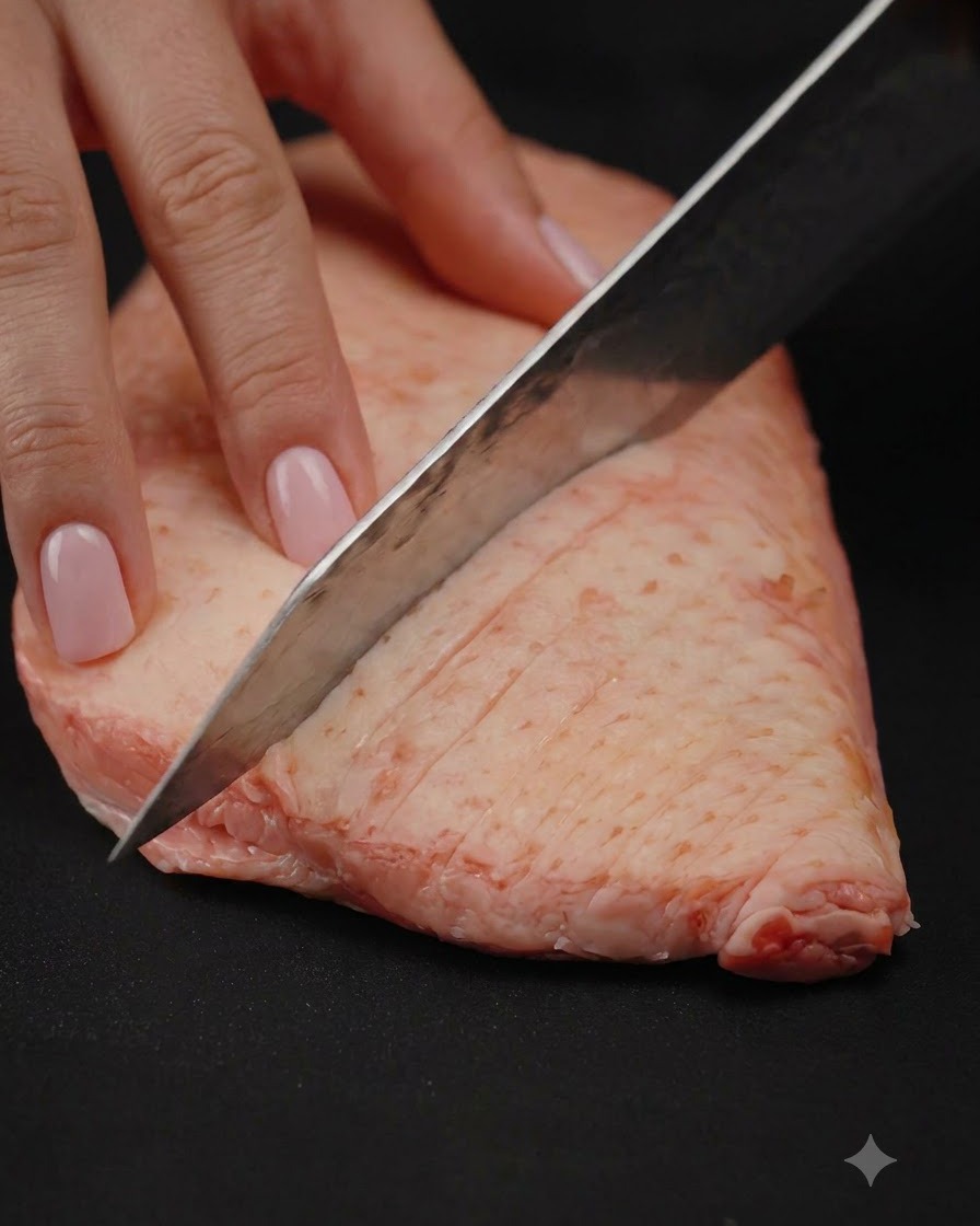 Un primer plano de un cuchillo de chef afilado haciendo un patrón de rombos en la gruesa capa de grasa de una pechuga de pato cruda.