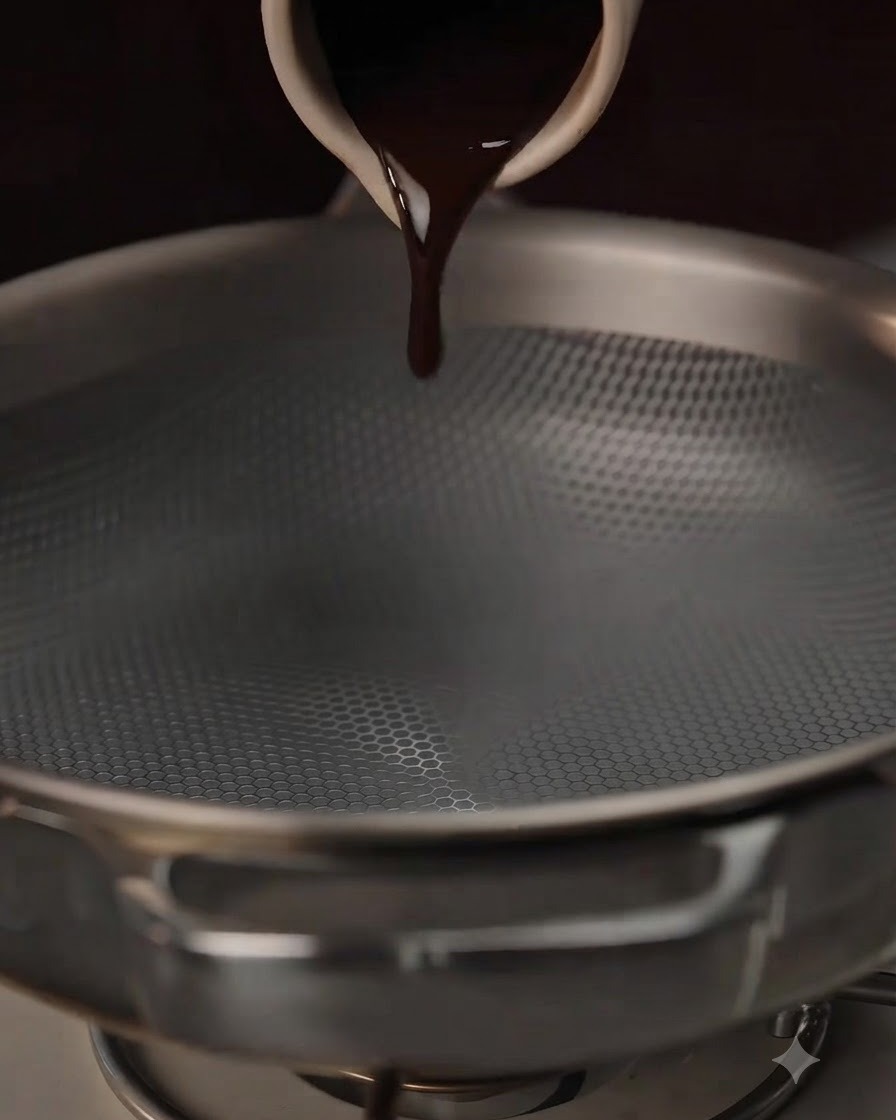 Ingredientes de salsa oscura siendo vertidos y mezclados en una sartén de metal en la estufa, incluyendo miel y jengibre rallado.