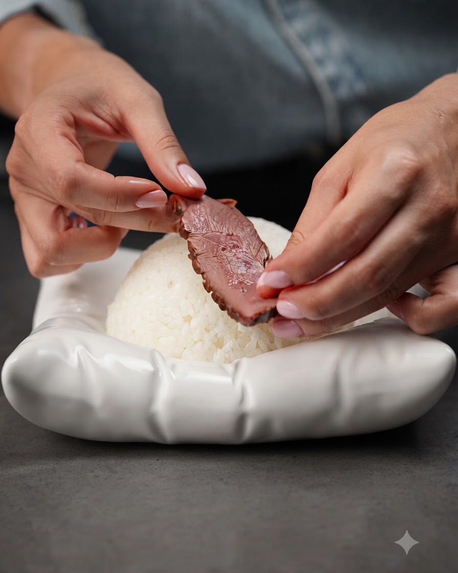 Una rodaja de pechuga de pato cocinada siendo colocada sobre un montículo moldeado de arroz blanco en un tazón blanco.
