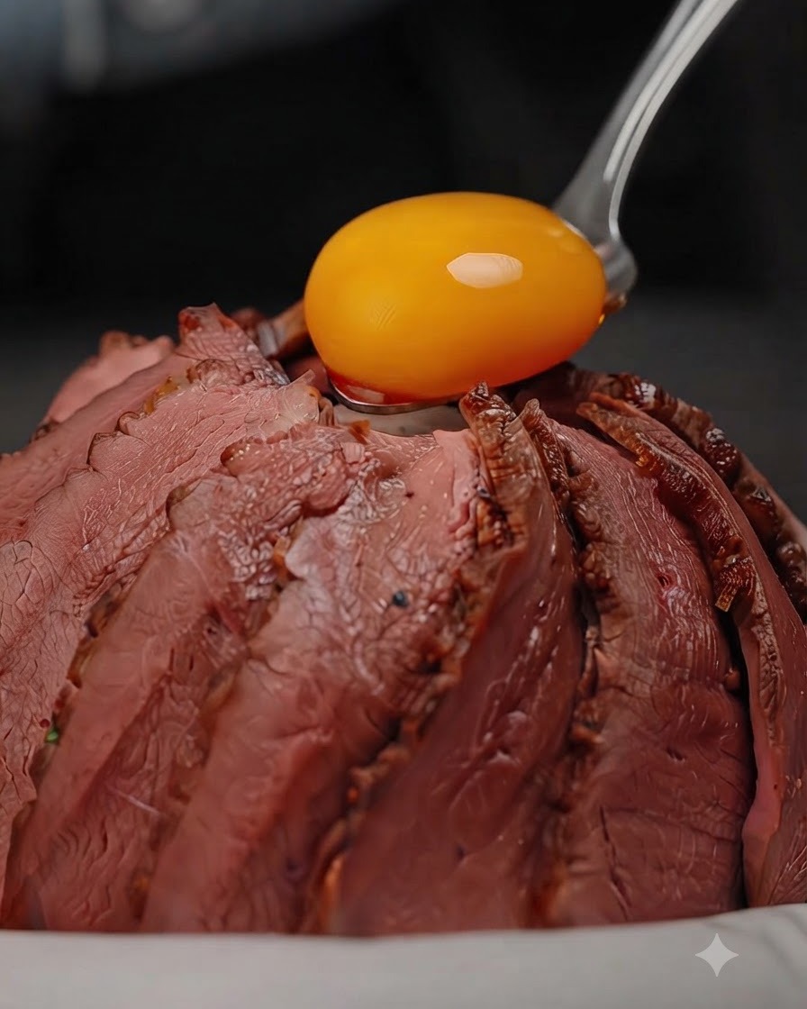 Una yema curada de color amarillo vivo descansando delicadamente sobre rodajas ordenadamente abanicadas de pato a medio cocer en un tazón de arroz, adornado con cebollino verde.