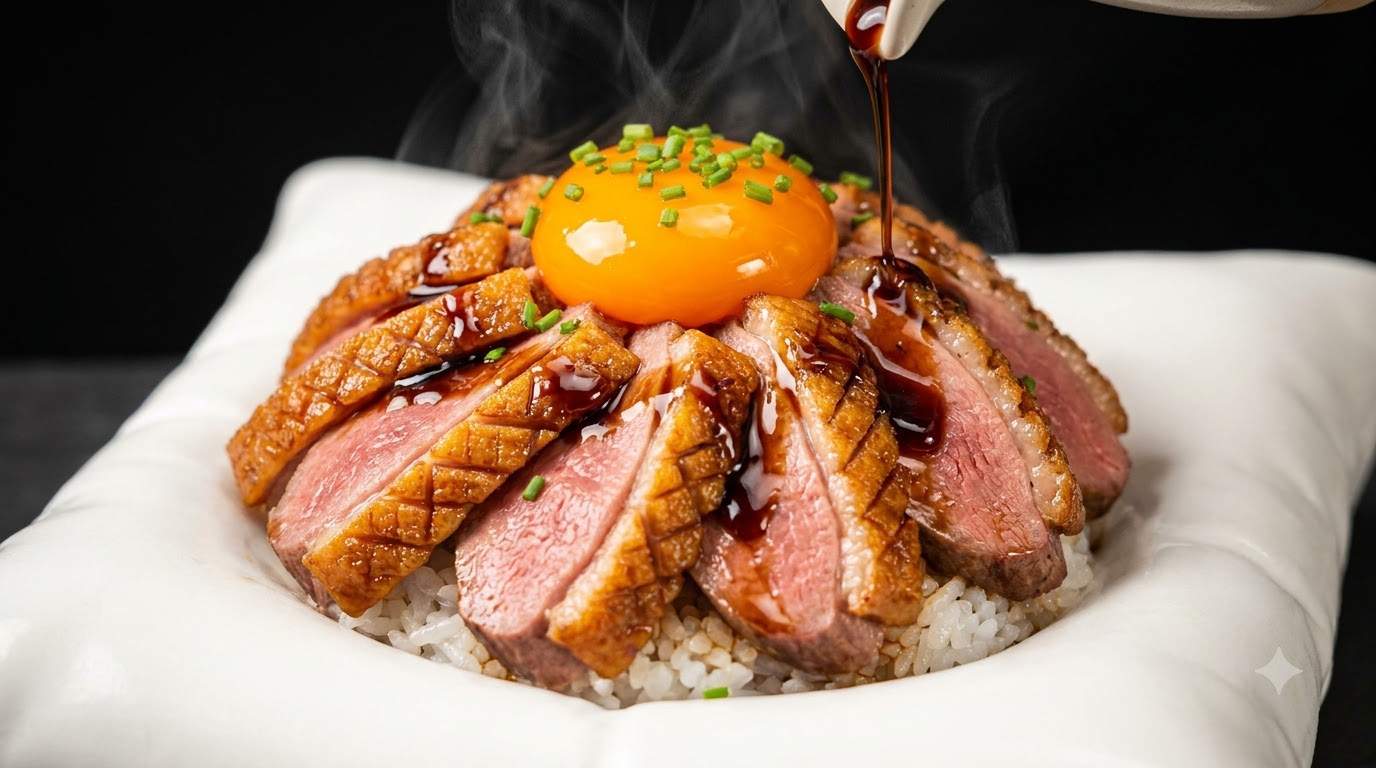 Donburi de Pato Crujiente Estilo Japonés con Yema Curada