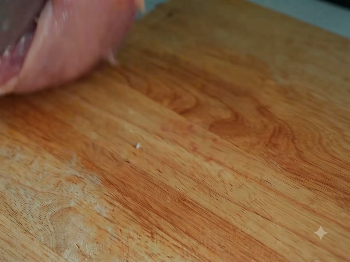 Un cuchillo afilado recortando el exceso de grasa y la membrana de una pechuga de pato cruda sobre una tabla de cortar de madera.