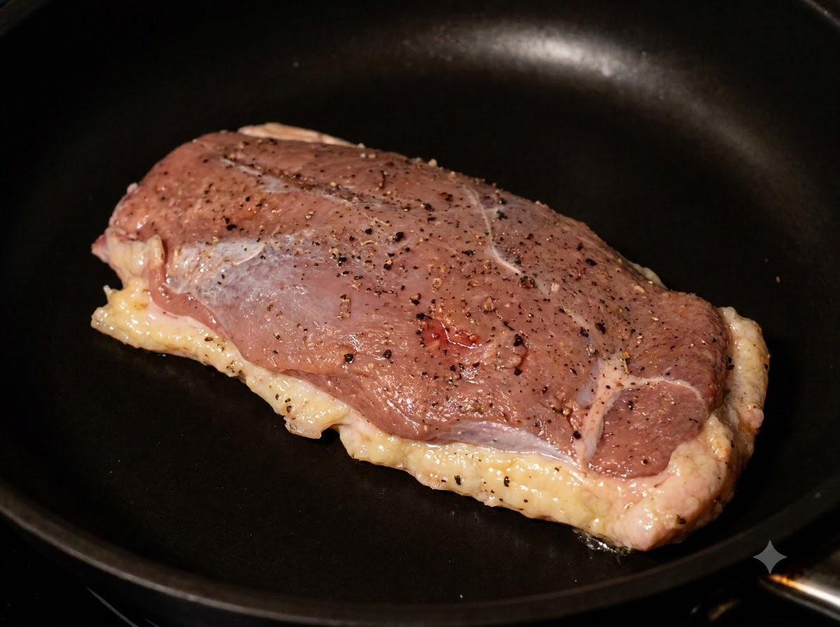 Una pechuga de pato cruda y sazonada colocada con la piel hacia abajo en una sartén negra fría.