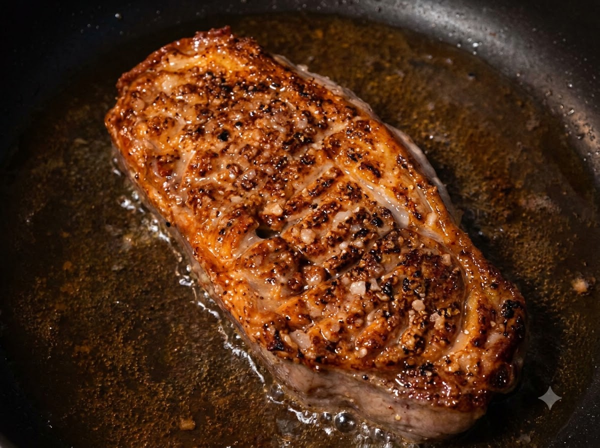 Una pechuga de pato volteada con la piel profundamente dorada y crujiente cocinándose en su propia grasa.