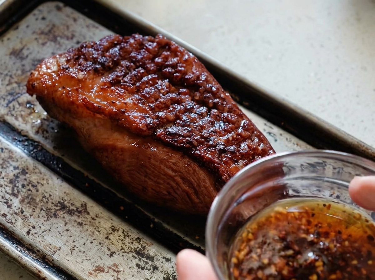 Una pechuga de pato sellada en una bandeja de metal preparándose para ser glaseada, con un pequeño bol de salsa de miel y soja en primer plano.
