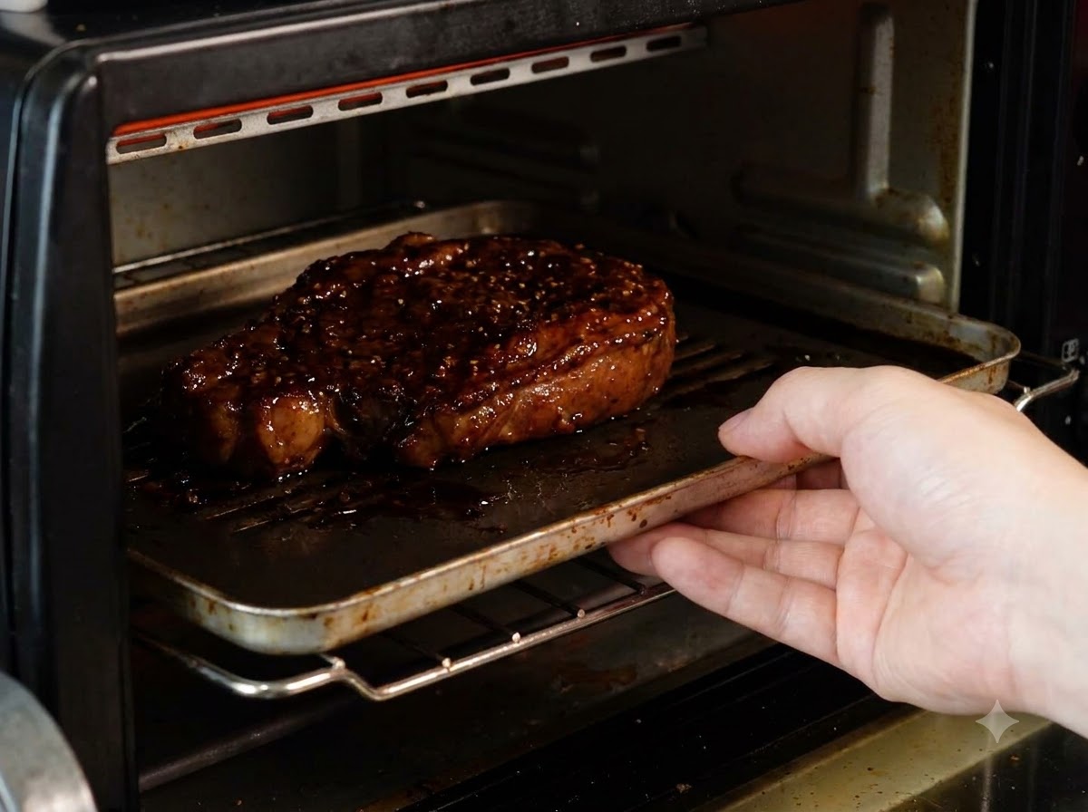 Una pechuga de pato glaseada en una bandeja pequeña introduciéndose en un horno precalentado.