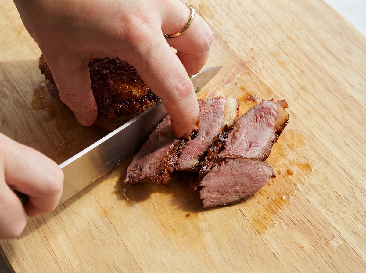 Un cuchillo afilado cortando una pechuga de pato asada en una tabla de madera, dejando ver un interior jugoso y rosado.