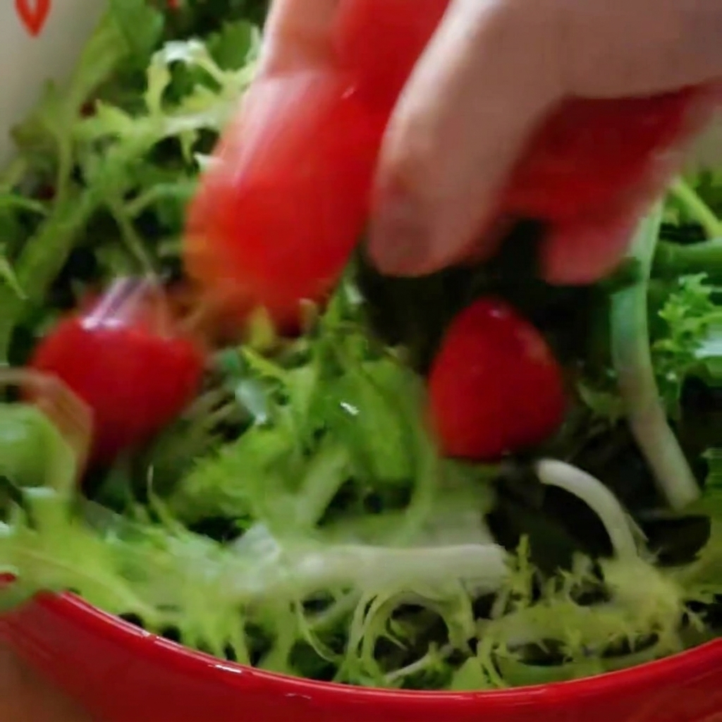 Una mano mezclando hojas de ensalada verde fresca y tomates cherry cortados por la mitad en un bol blanco.