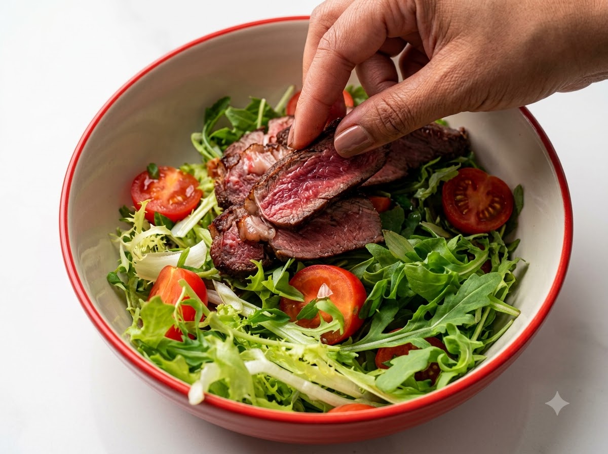 Pechuga de pato cortada en rodajas colocada ordenadamente sobre una ensalada verde fresca en un bol blanco.