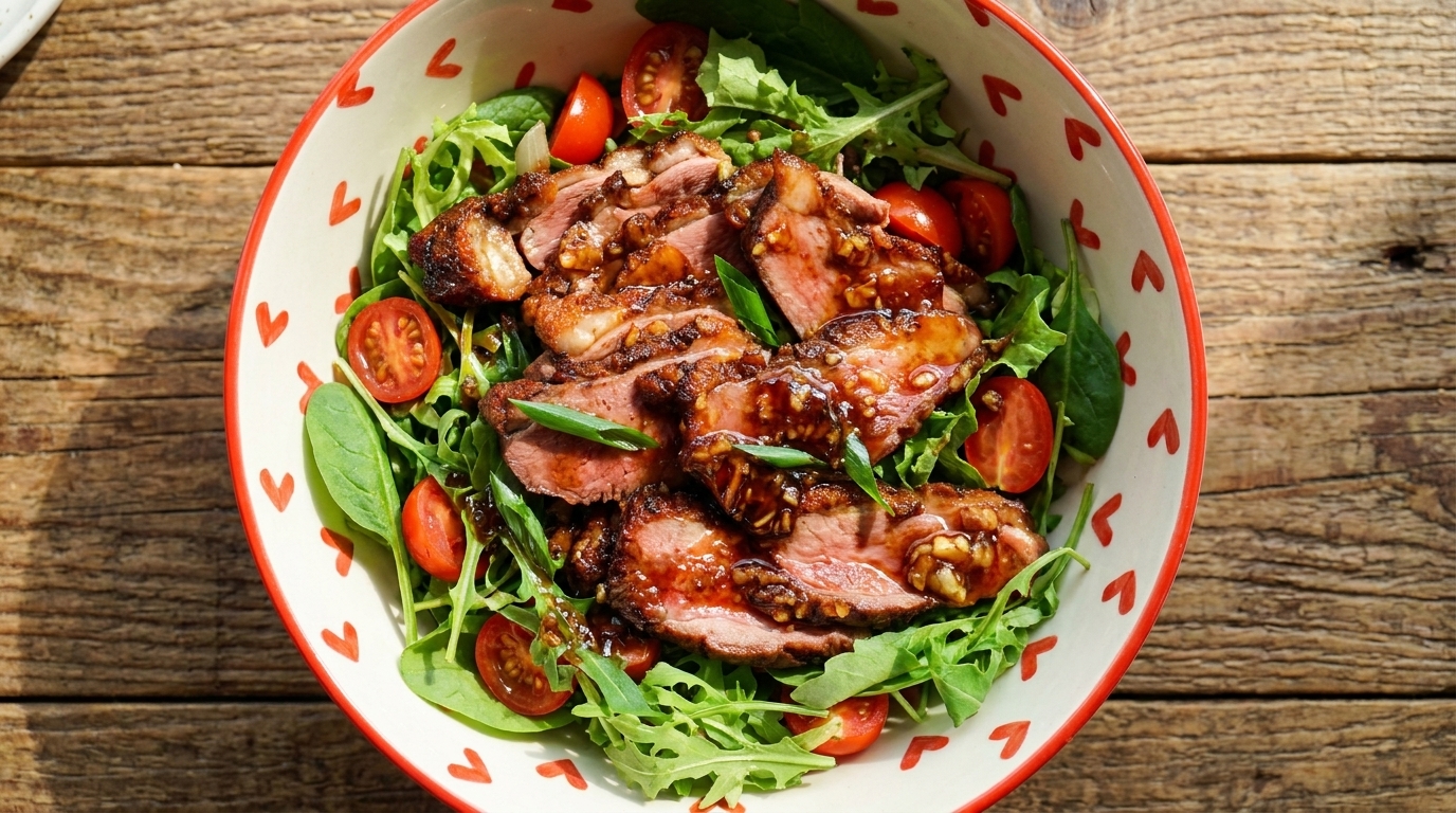 Ensalada de Pechuga de Pato al Estilo Francés con Glaseado de Soja y Miel