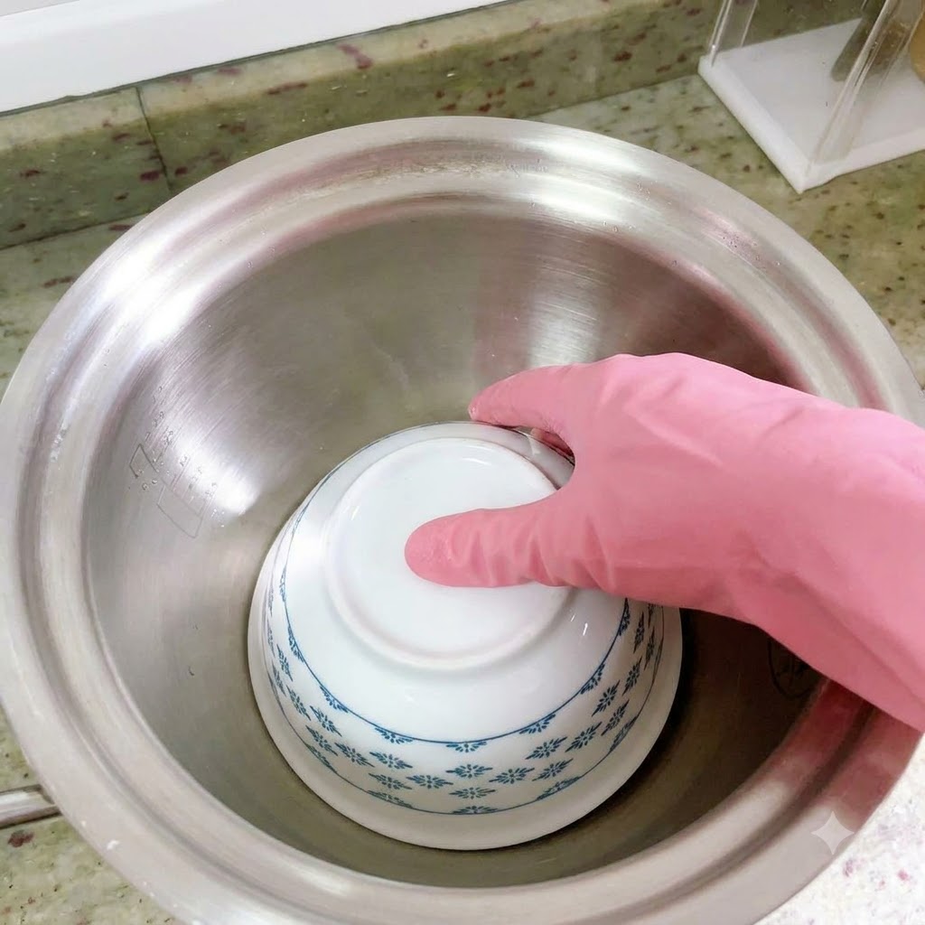 Una mano con guante colocando un pequeño tazón de cerámica azul y blanco boca abajo en el centro de la olla de metal.