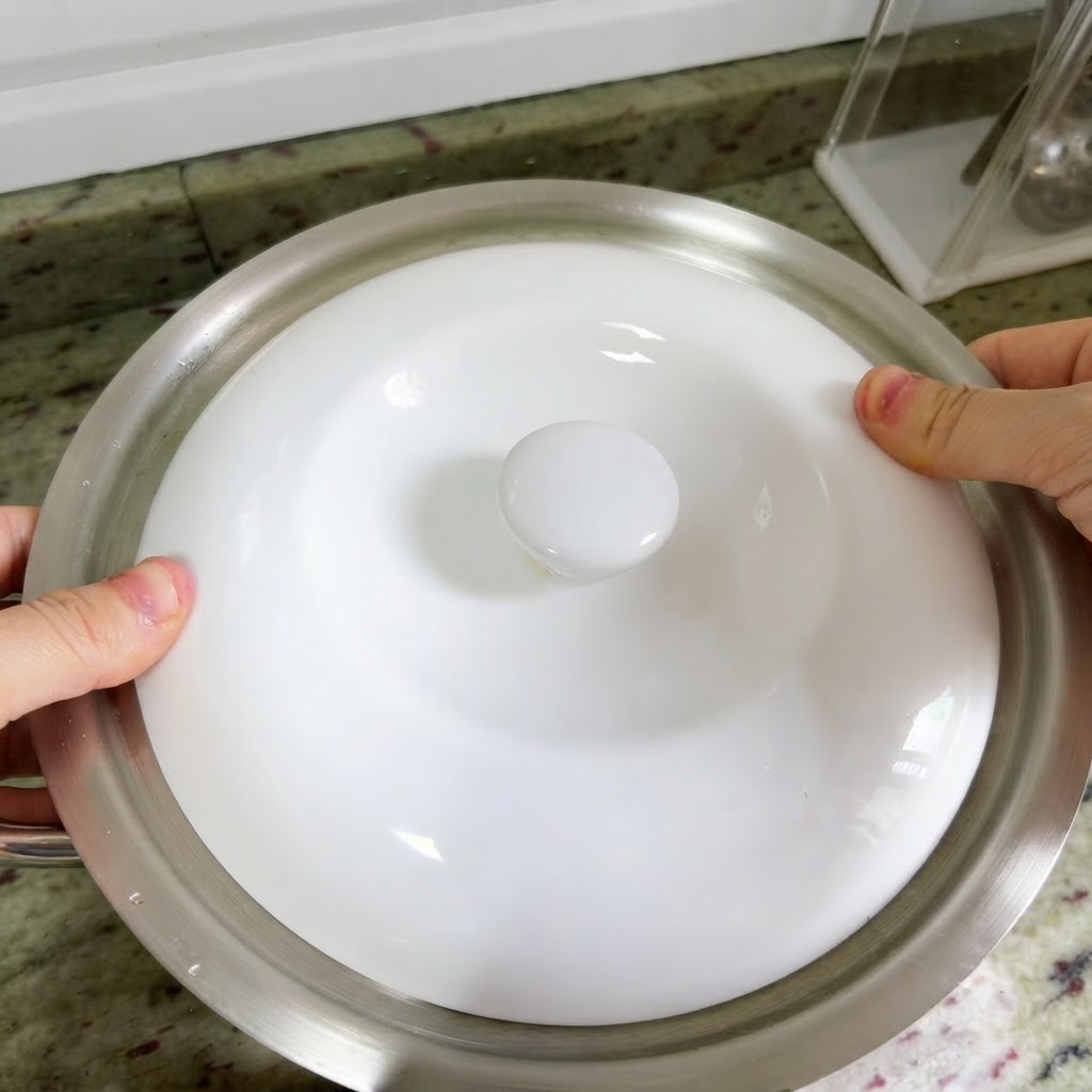 Manos colocando una tapa de cerámica blanca sobre la olla de metal grande que contiene el pato.