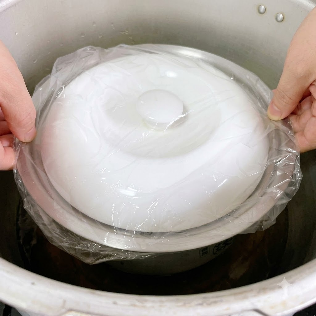 La olla de metal sellada con plástico siendo bajada con cuidado a una olla a presión grande.