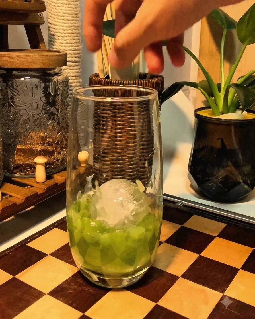 Una mano colocando cubitos de hielo en un vaso alto sobre uvas verdes machacadas en una superficie de tablero de ajedrez de madera.