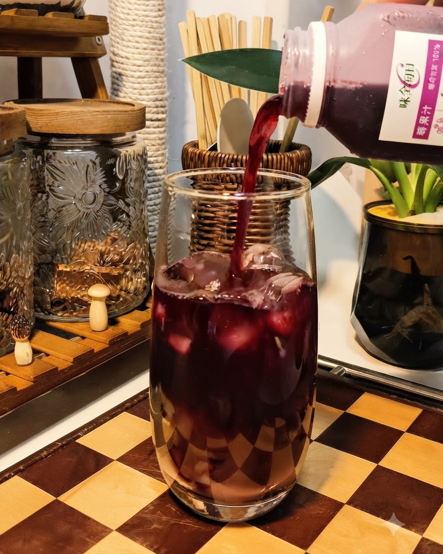 Jugo de uva morada siendo vertido desde una botella en un vaso alto lleno de cubitos de hielo y uvas verdes trituradas.