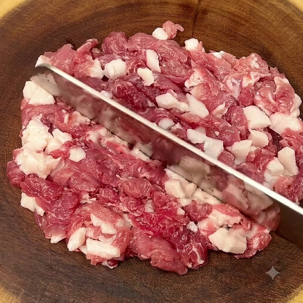Paleta de cerdo cruda siendo picada en trozos finos sobre una tabla de cortar de madera con un cuchillo grande.
