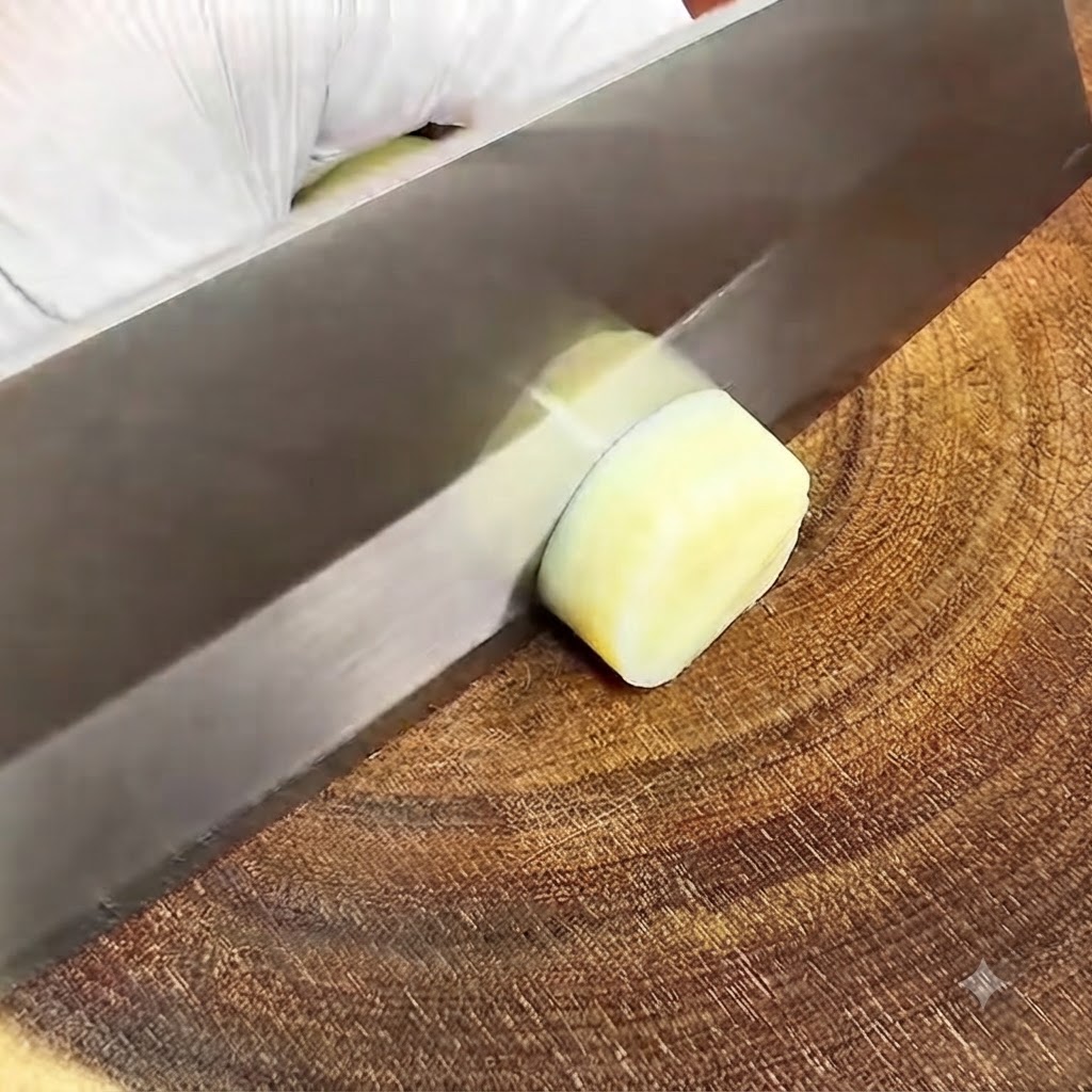 Un tubo amarillo de tofu japonés siendo cortado en rodajas gruesas con un cuchillo sobre una tabla de madera.