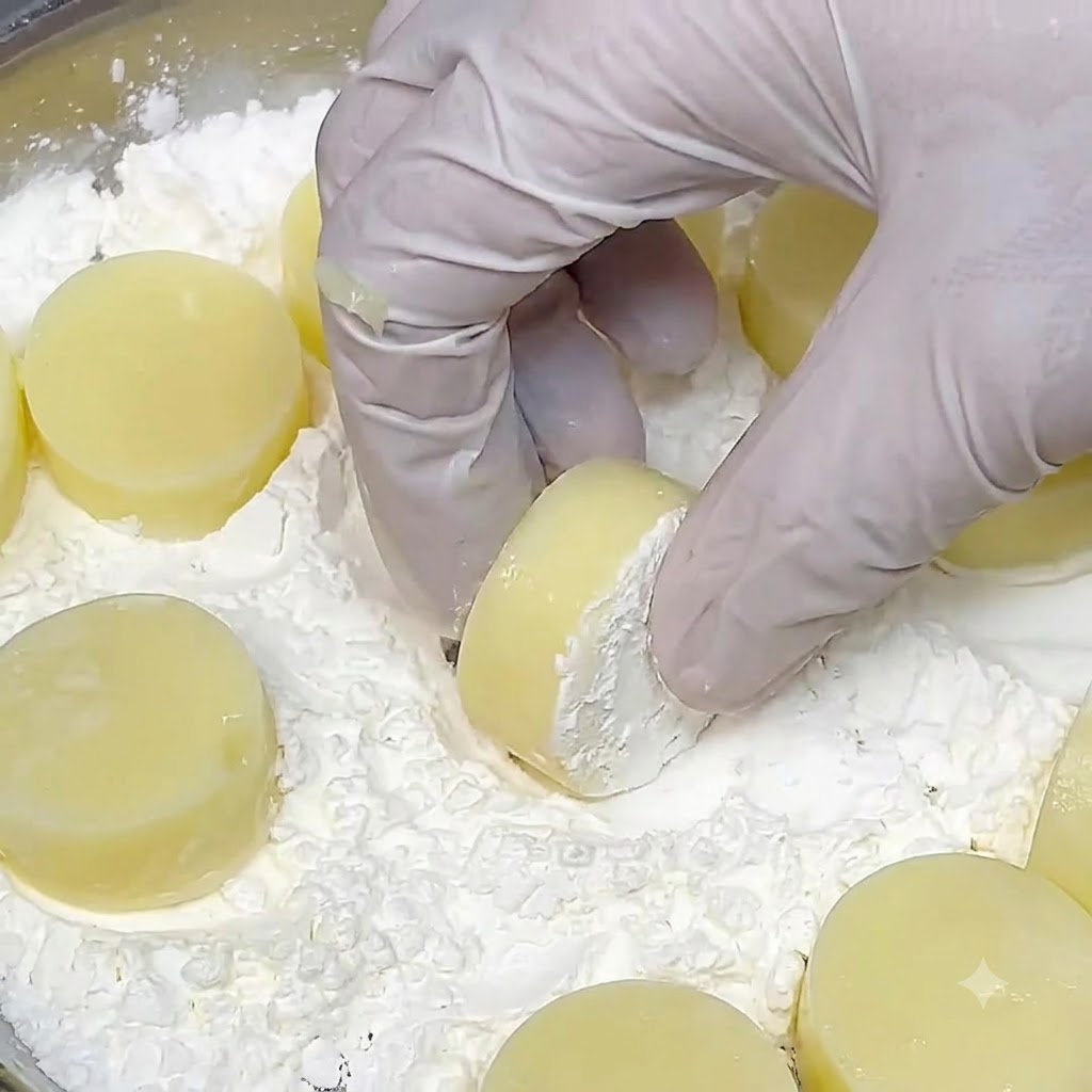 Rodajas de tofu japonés siendo cubiertas con una capa de maicena blanca dentro de un recipiente de metal.
