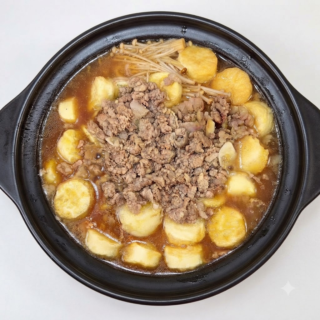 Una olla de barro negra llena de capas de tofu, champiñones enoki y carne de cerdo picada hirviendo a fuego lento en caldo.
