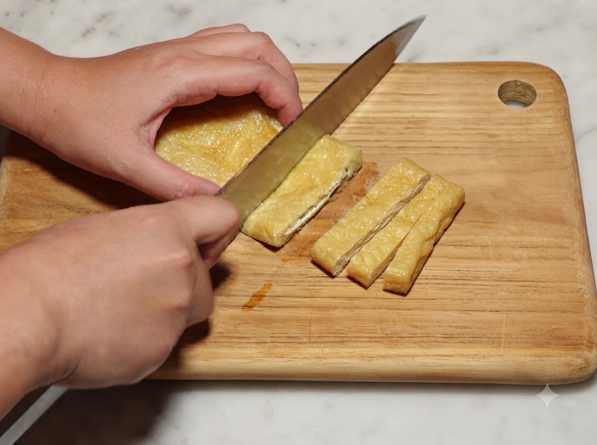Una pieza de tofu frito siendo cortada en tiras largas con un cuchillo sobre una tabla de madera.