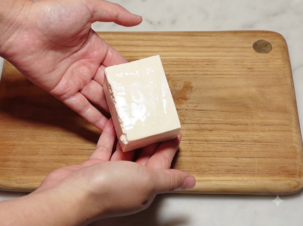 Medio bloque de tofu suave descansando sobre una tabla de cortar de madera antes de ser cortado en cubos.