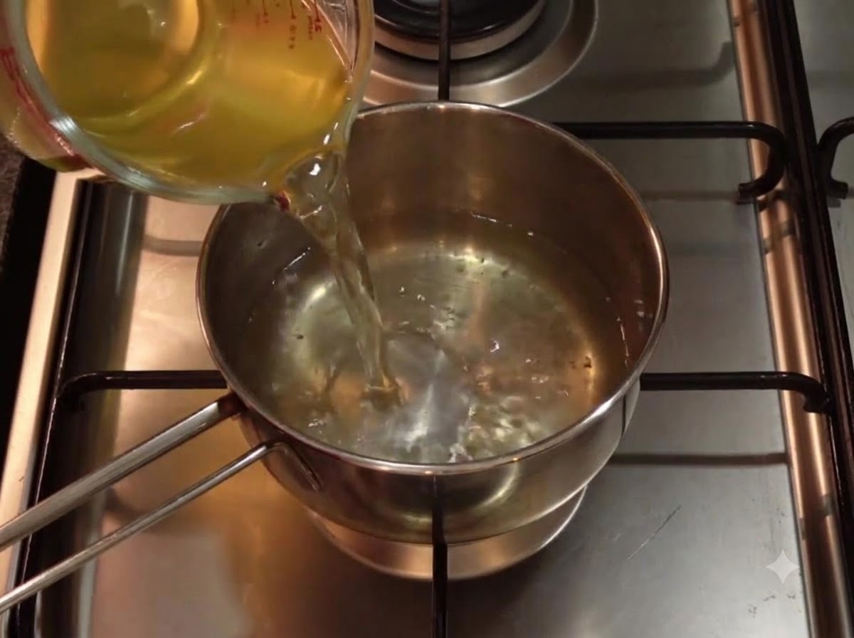Caldo claro de algas y bonito siendo vertido desde una taza medidora en una olla de acero inoxidable sobre una estufa de gas.