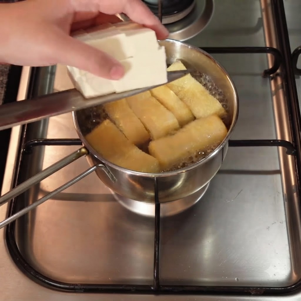 Cubos de tofu suave deslizándose de un cuchillo a una olla burbujeante de sopa que contiene tiras de aburaage.