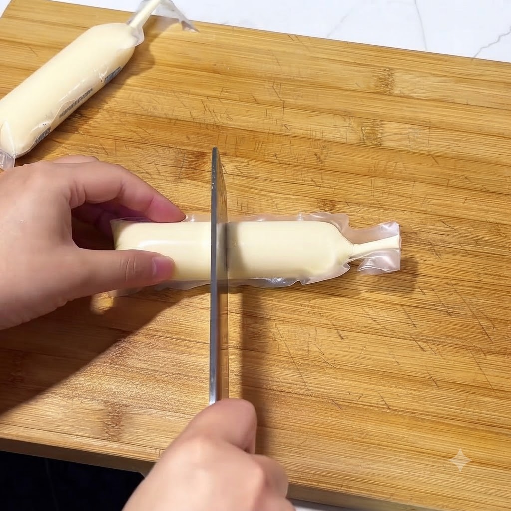 Tubos de tofu japonés siendo cortados en rodajas gruesas sobre una tabla de cortar de madera con un cuchillo de cocina.