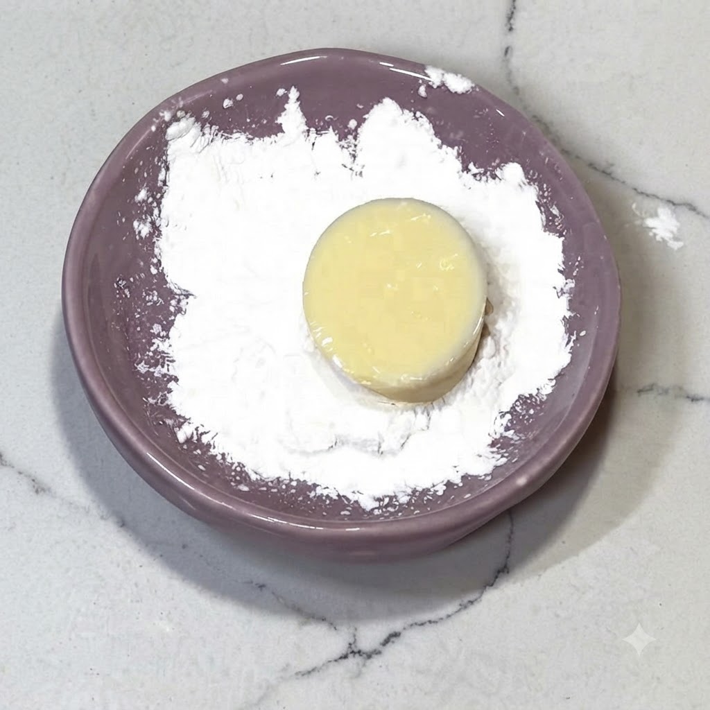 Una rodaja de tofu japonés en un plato morado cubierta con una capa de almidón blanco.