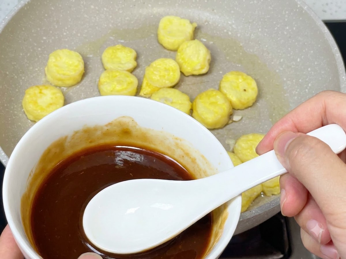 Un bol blanco que contiene una salsa marrón oscura siendo vertida con una cuchara en una sartén de rodajas de tofu frito.