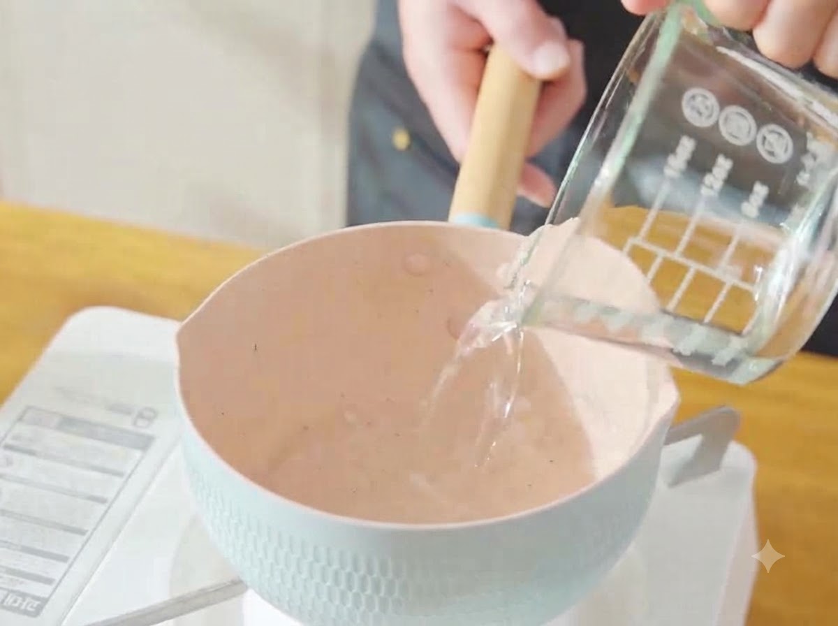 Vertiendo agua limpia de una taza medidora de vidrio en una olla rosa sobre una estufa portátil.