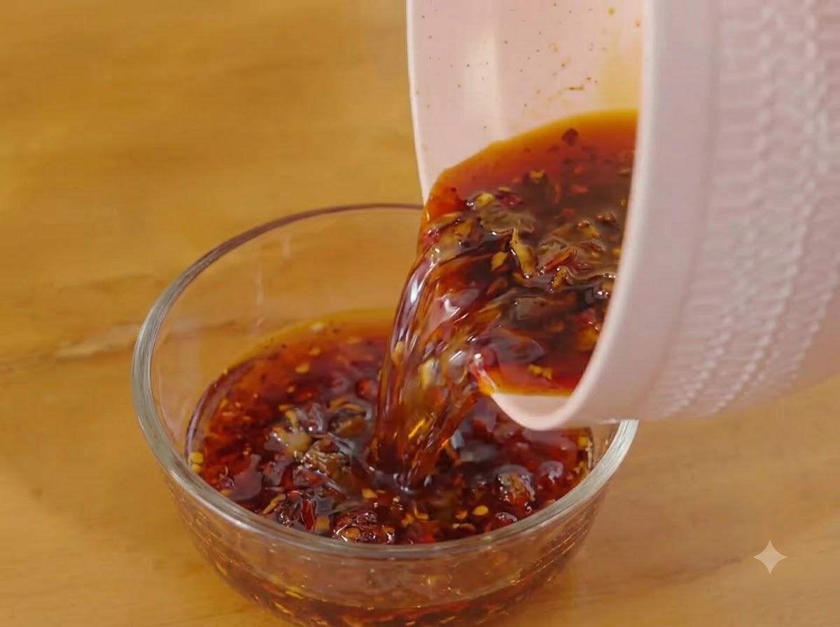 Vertiendo la salsa tibia y sazonada de la olla rosa a un tazón de vidrio transparente.